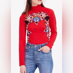 Free People Disco Rose Embroidered Top Red Mock Neck S